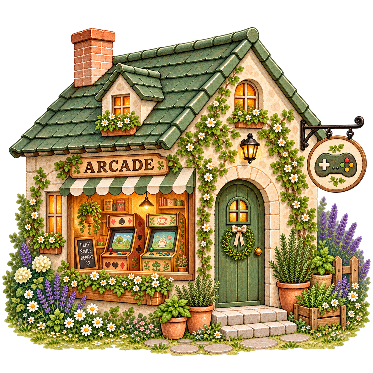 A watercolor arcade cottage with a mossy green roof, flowering vines, and two game cabinets in its glowing window.